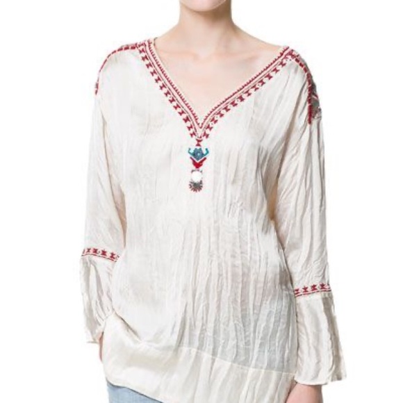 Zara Cream Blouse with Red and Teal Embroidery - Picture 1 of 10